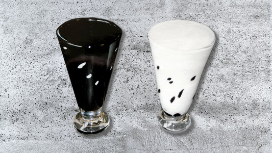 Glass Art Portfolio - Black and White Patterned Bowls on small glass standing